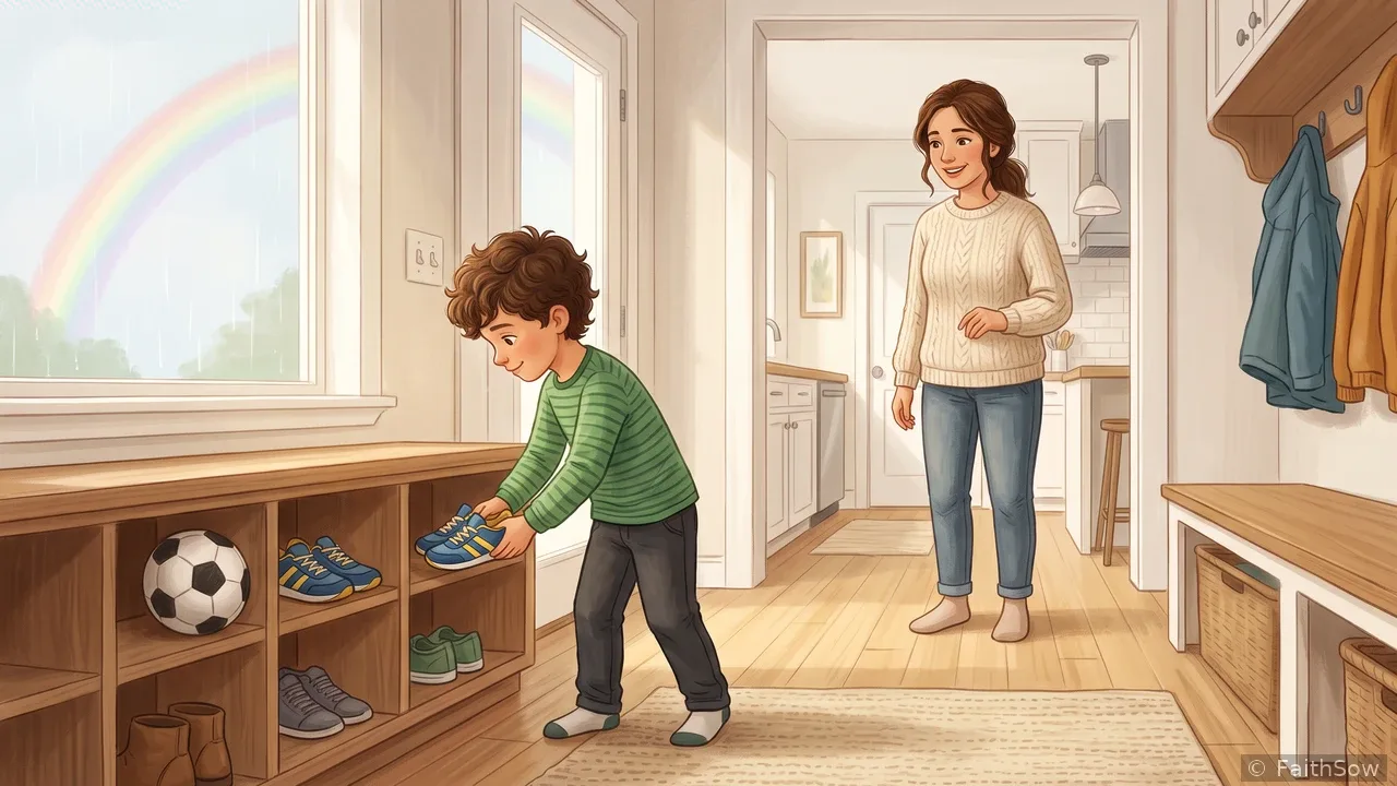 Ein Junge stellt seine Schuhe in ein Regal, während Mama in der Nähe lächelt.