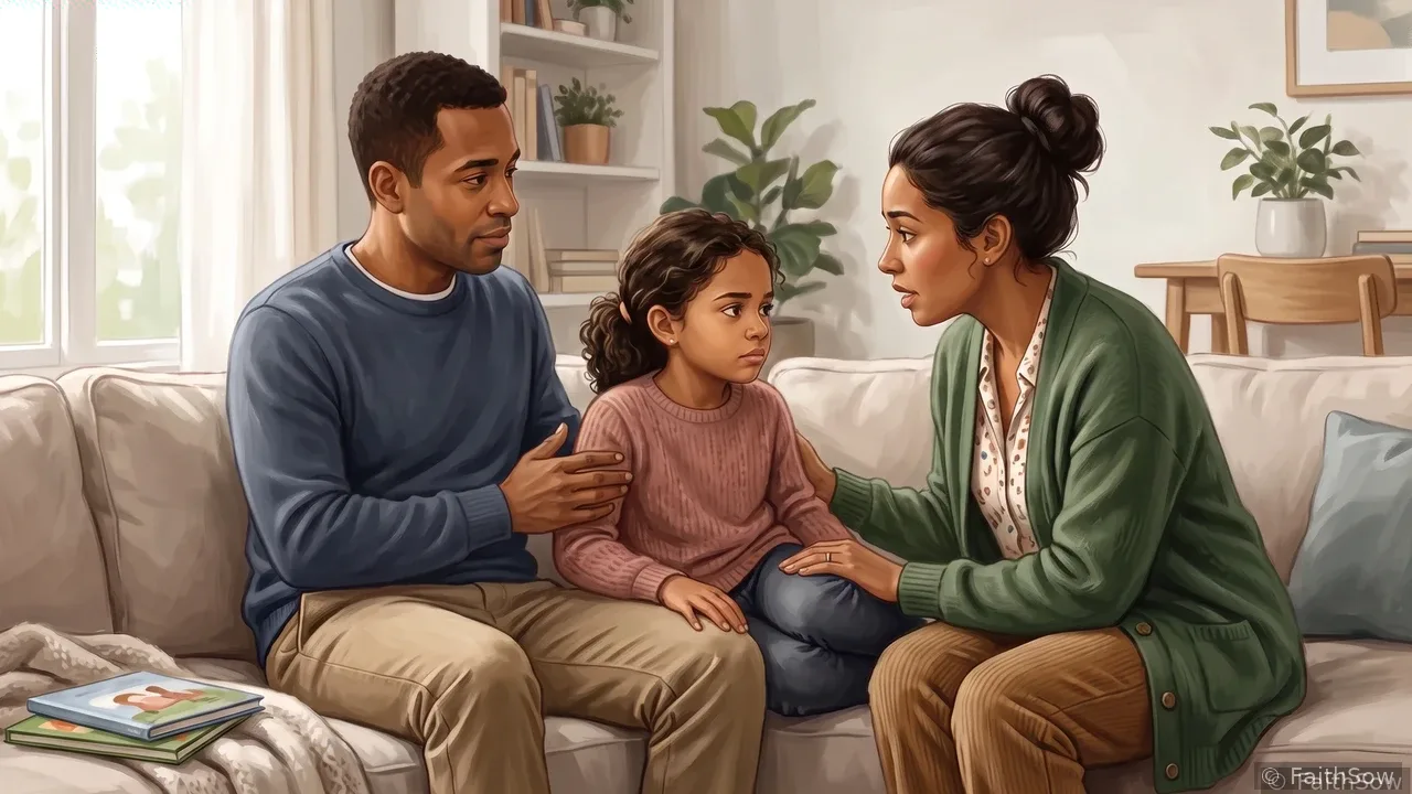 Una niña se sienta con sus padres y les cuenta algo que le dio miedo.