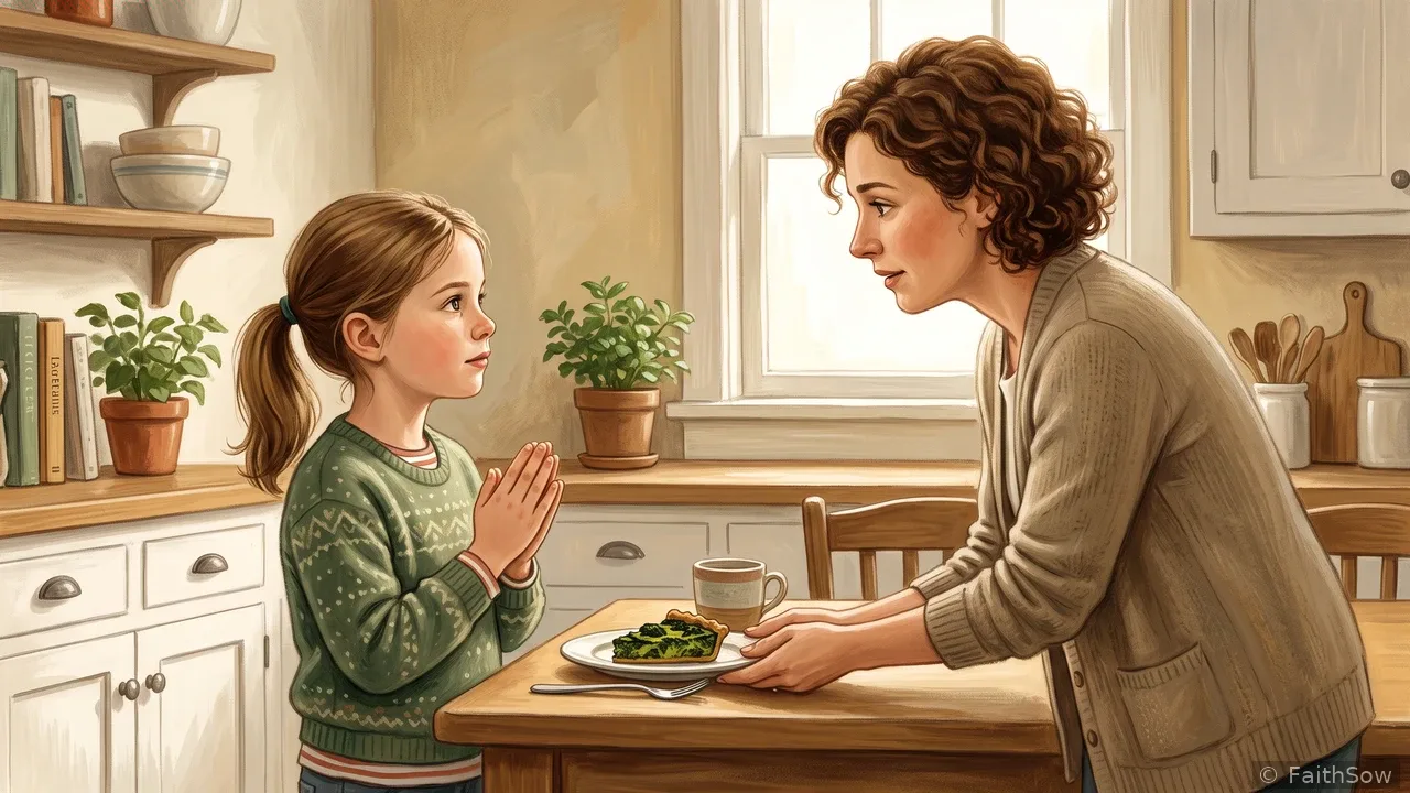 Mom offers food in the kitchen, and the girl responds politely.