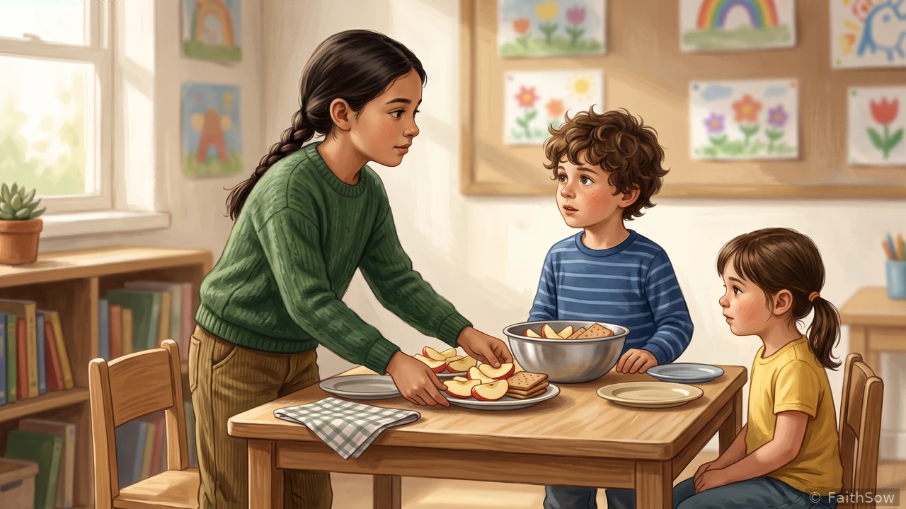 Una niña mayor comparte rebanadas de manzana y galletas saladas con dos niños pequeños.