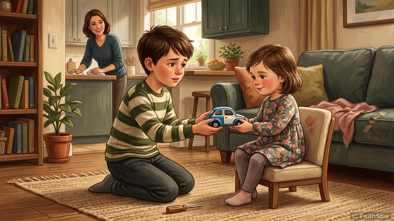 Mama räumt den Schraubendreher weg, während der Bruder sich entschuldigt und das Spielzeugauto zurückgibt.