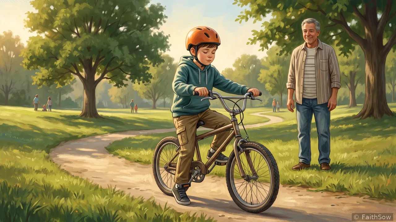 Un niño con casco aprende a andar en bicicleta con su abuelo en un parque.