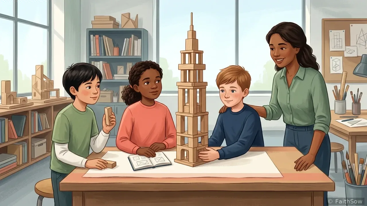 Drei Kinder haben gemeinsam einen Turm aus Bauklötzen gebaut. Eine Lehrkraft lobt ihr gemeinsames Werk.