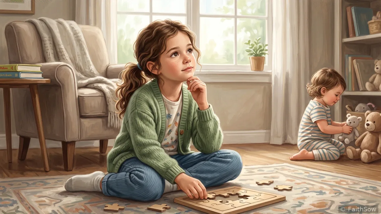 Ein Mädchen sitzt neben einem Puzzle und denkt sorgfältig nach, mit dem Kinn in der Hand.