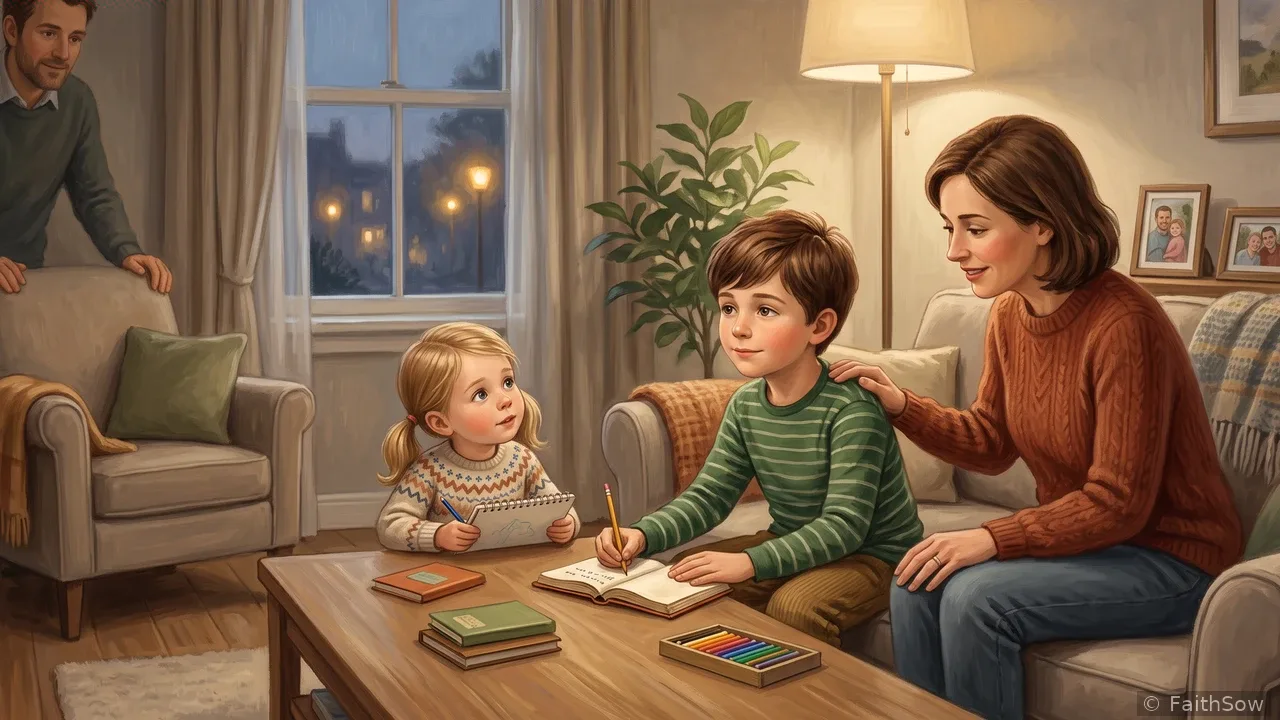 Mom encourages the older brother as he writes while his sister draws nearby.