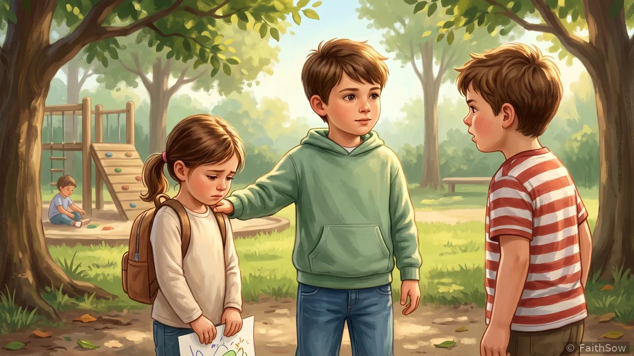 Un niño se queda junto a una niña triste que sostiene un dibujo arrugado mientras otro niño los mira de frente.