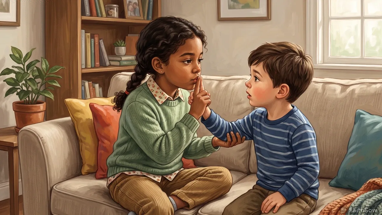 Un niño le cuenta a un adulto de confianza un secreto preocupante mientras una niña permanece cerca.