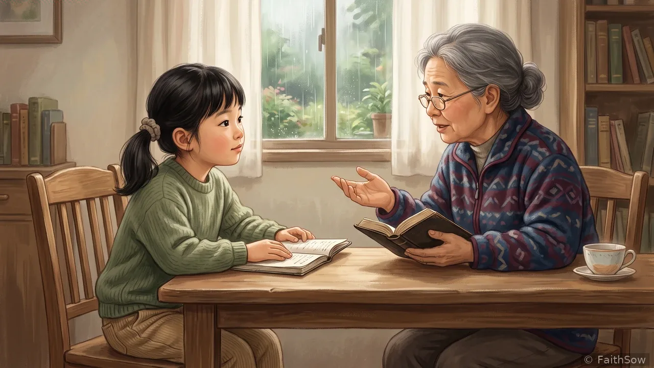 Grandma speaks while holding a book as a girl listens attentively across the table.