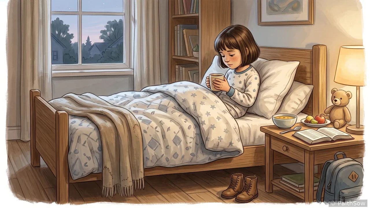 A sad girl sits in bed holding a mug, with food on a table beside her.