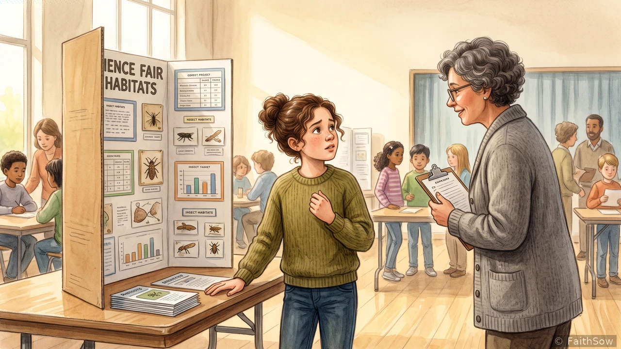 Una niña nerviosa presenta un proyecto de hábitat de insectos mientras su maestra sonríe para animarla.
