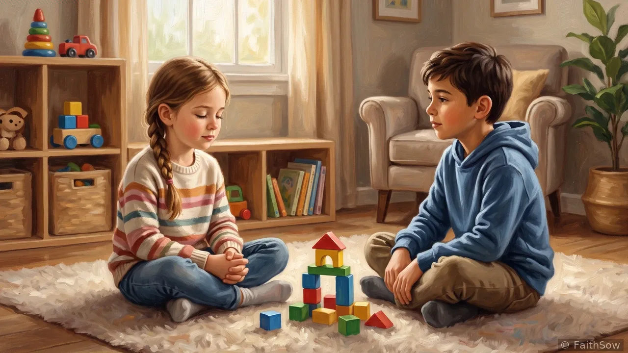 Zwei Kinder bauen mit Bauklötzen; eines sieht unzufrieden aus.