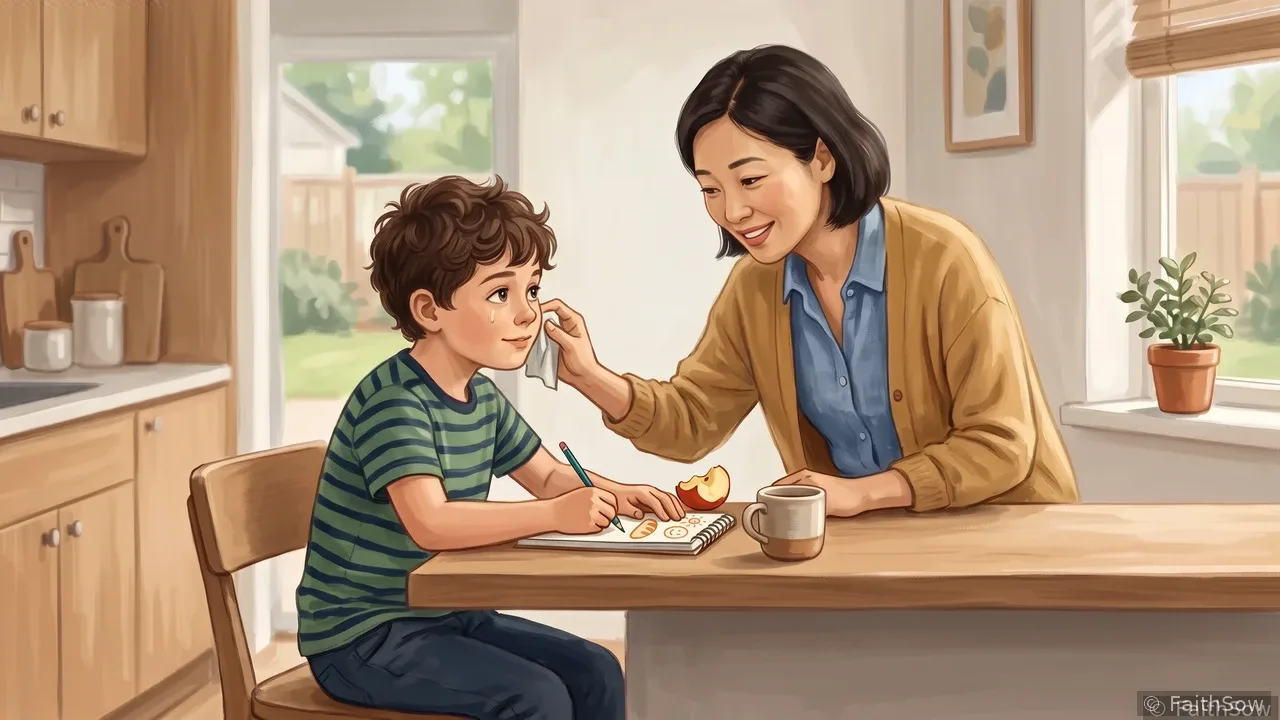 Ein Junge schreibt an einem Tisch, während Mama eine Hand auf seine Schulter legt.