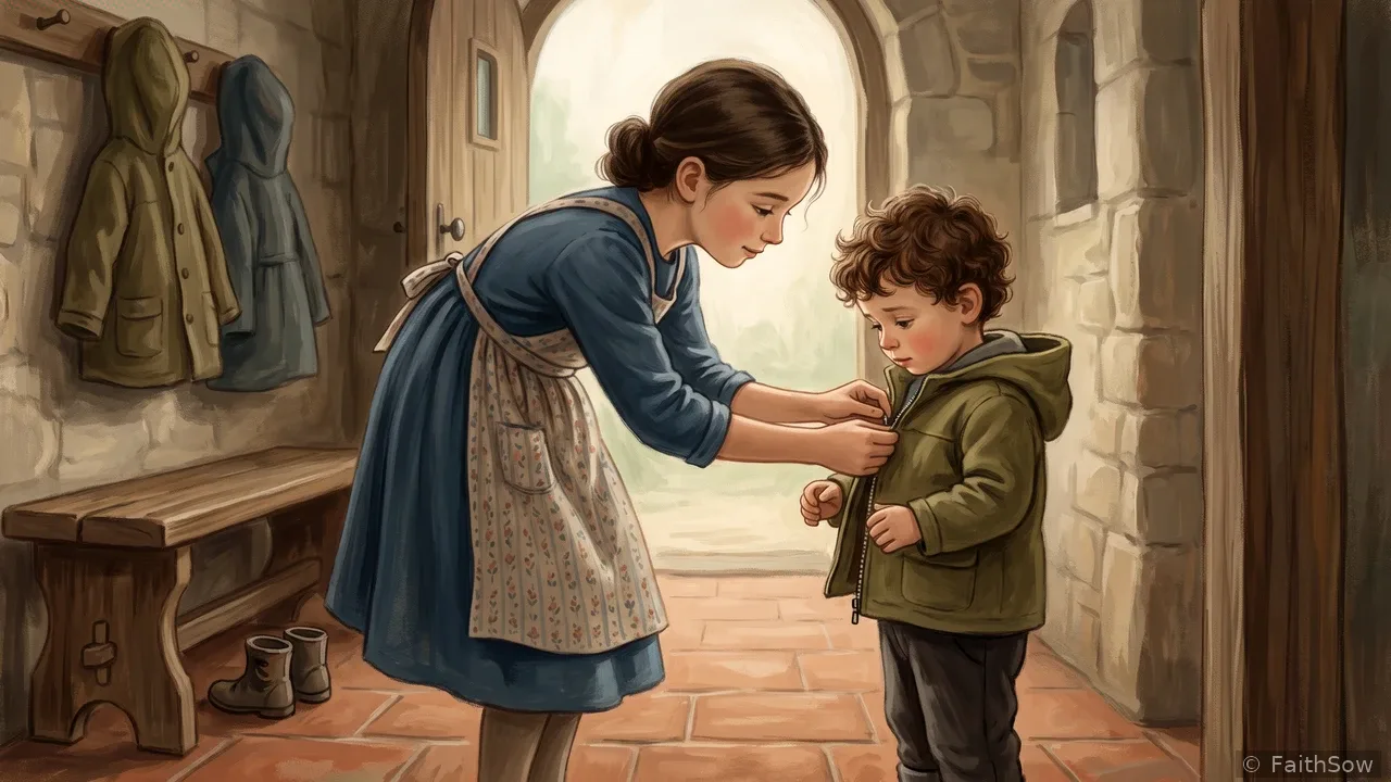 An older girl kneels in a park to help a younger boy with his jacket.