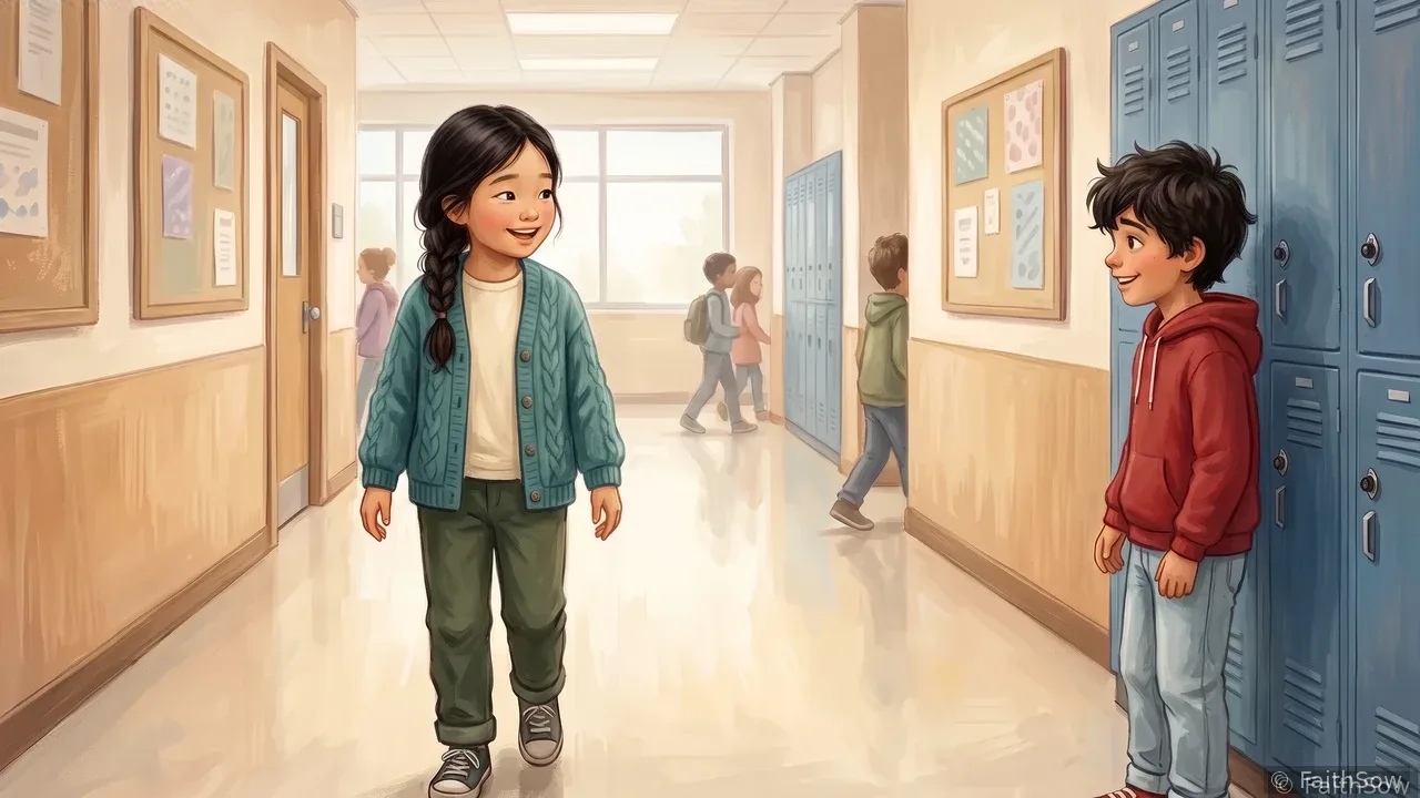 Una niña saluda con la mano a un niño sonriente en un pasillo de la escuela.