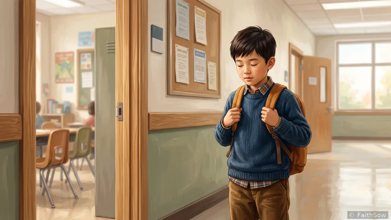 Un niño con mochila está de pie en la puerta de un salón de clases, mirando hacia abajo con preocupación.