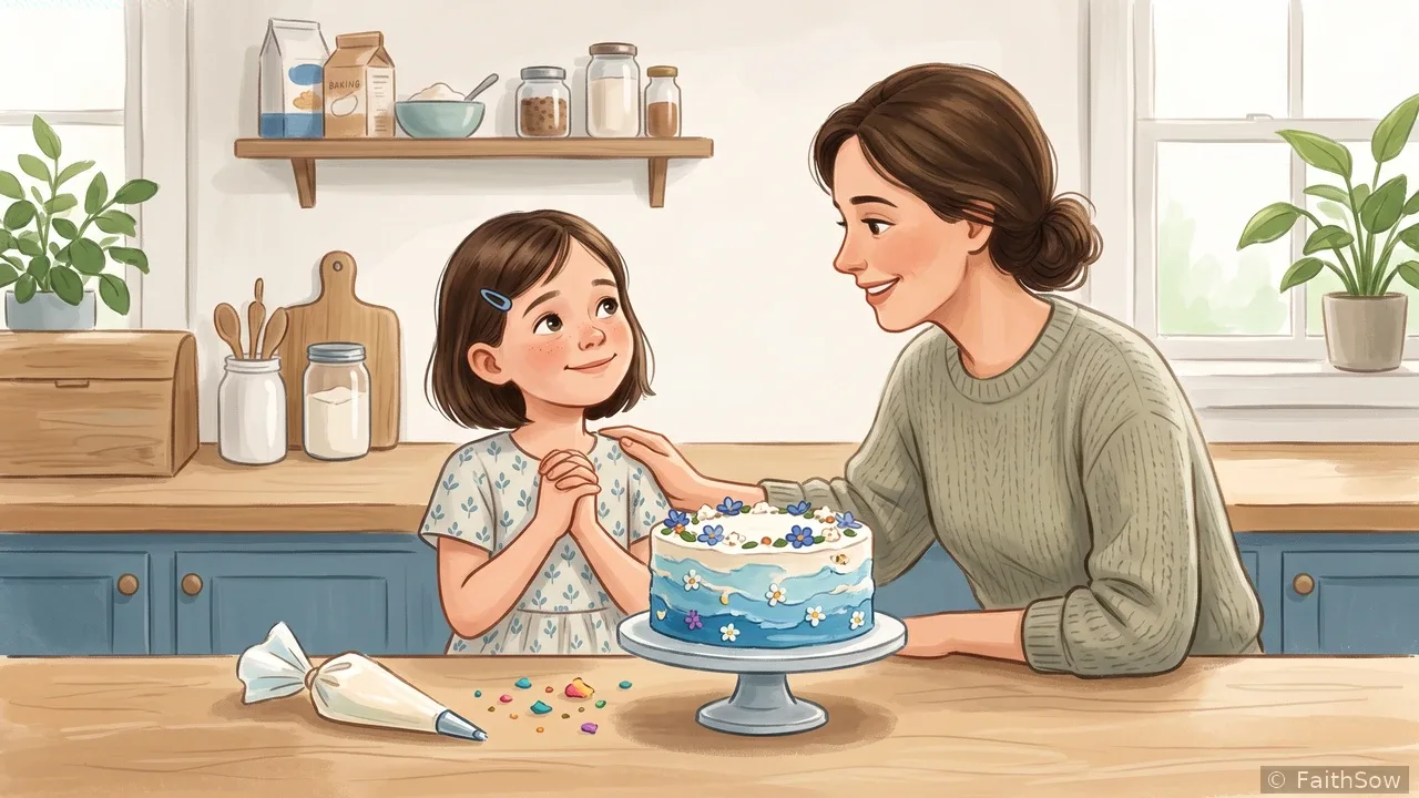 Ein Mädchen und seine Mutter lächeln neben einem verzierten Kuchen.