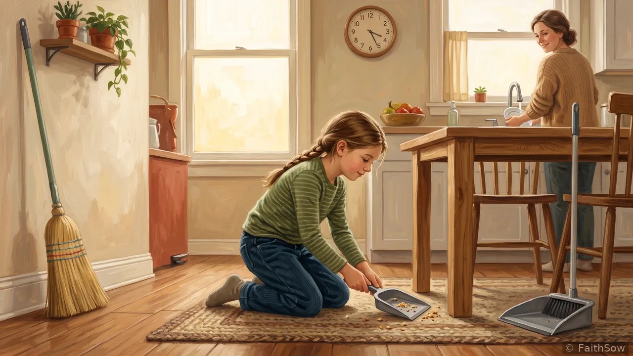 A girl sweeps spilled cereal into a dustpan while Mom stays nearby.