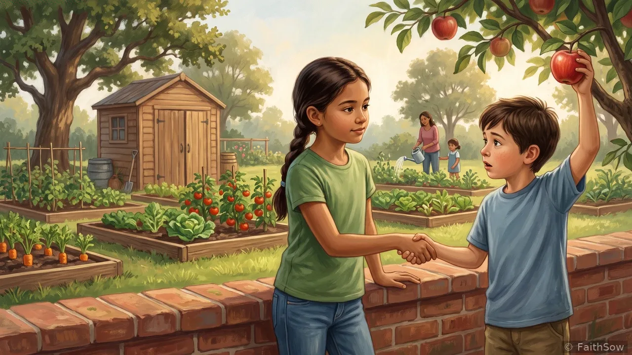 Una niña da un paso atrás de la manzana y se vuelve hacia un adulto cercano para pedir ayuda.