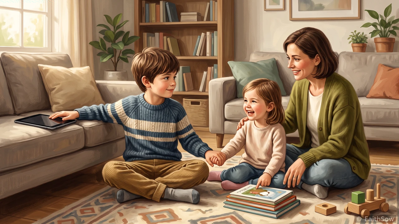 A brother holds a tablet and his sister's hand while their mother sits nearby.