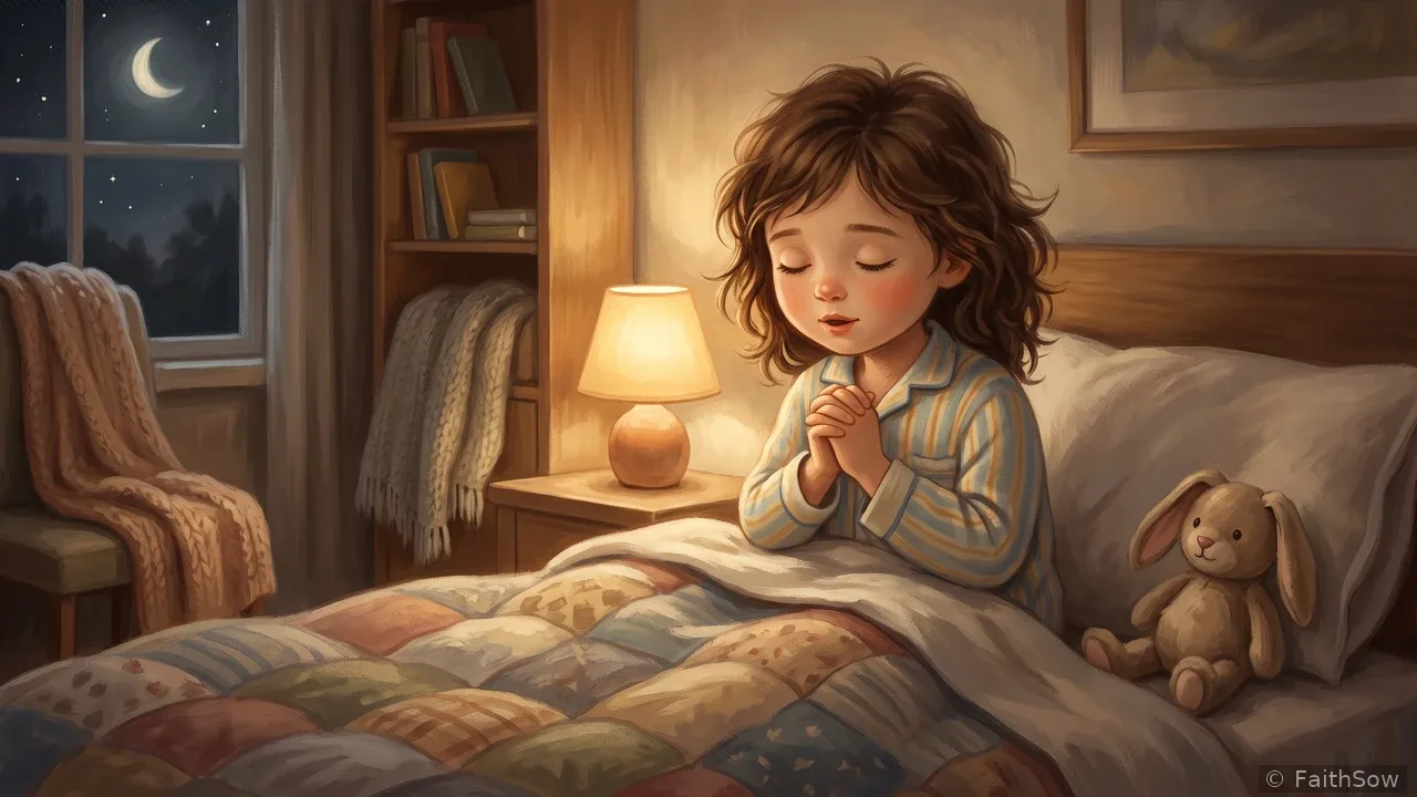 A girl in pajamas kneels on her bed in prayer beside a lit bedside lamp.
