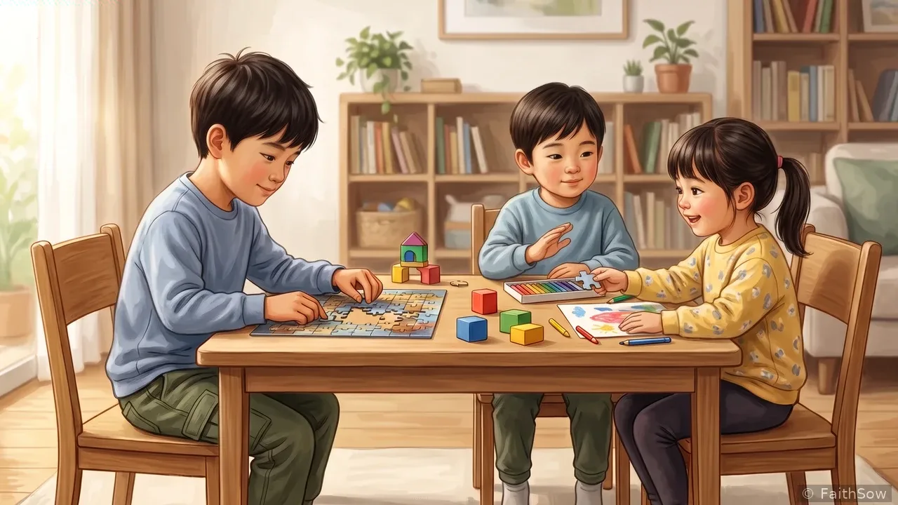 Dos niños miran la última pieza del rompecabezas mientras uno se la ofrece al otro.